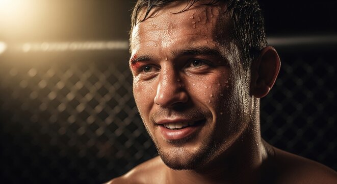Sweaty male fighter smiling after tough mma fight