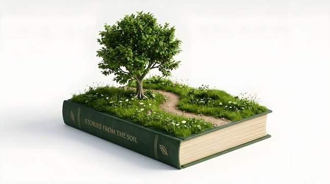 Small tree growing on an open book with a green grass field path, literature
