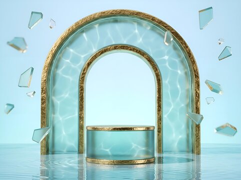 Modern green arch podium with floating geometric glass shards for display