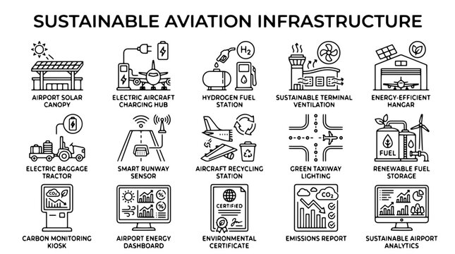 Sustainable aviation infrastructure icon set, 15 green airport technology line icons, eco-friendly air travel and renewable energy vector collection