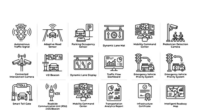 Smart city traffic management icons, 18 intelligent transportation system vector symbols, autonomous road sensor and mobility command center set