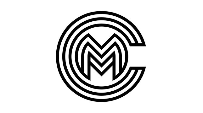 Minimal CM circular monogram logo with concentric line art and elegant geometric styling. Modern black vector emblem suitable for consulting, finance, technology, architecture, creative businesses, an
