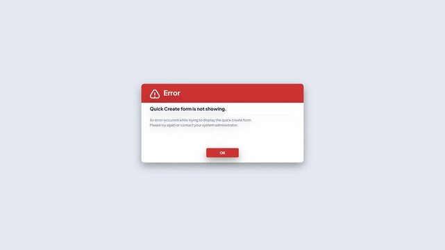 Error Message Popup. Red header bar with warning icon and OK button appearing on clean background. System failure notification, software glitch, web design template, user interface animation