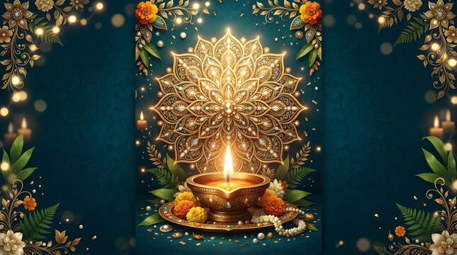 A beautiful glowing diya lamp surrounded by marigold flowers and intricate golden mandala patterns on a dark teal festive background