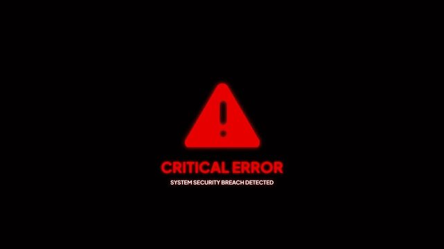 Critical error warning alert with red triangle glitch animation and system security breach detected text error concept cybersecurity software development loop