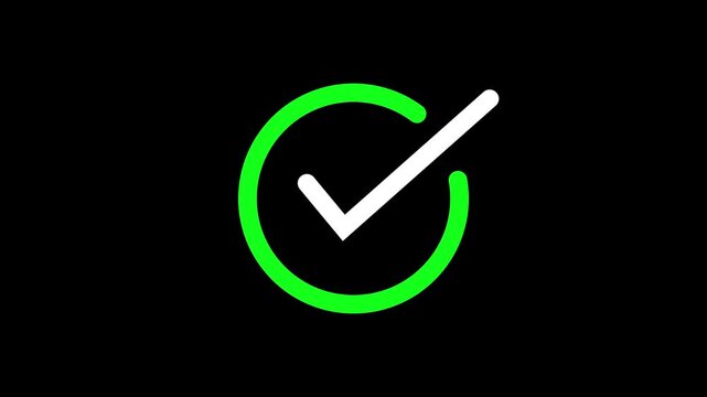Animated green checkmark loading and completion motion on black background, tick success animation, motion green