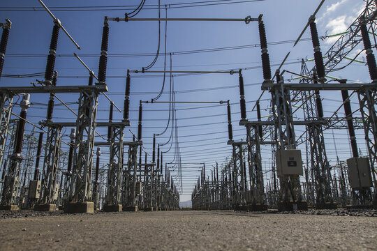 View of the Kenya Power Suswa Substation featuring high-voltage power lines, steel support structures, and electrical insulators in Mirera, Nakuru County, Kenya.