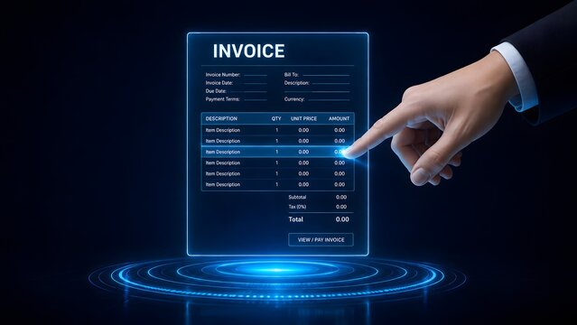Interactive digital invoice interface lets a business user review itemized billing and choose online payment