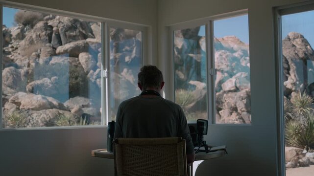 A man wearing headphones sits at his desk, facing a window overlooking a dramatic boulder pile.