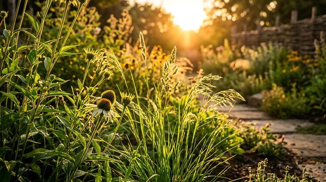 Golden hour sunlight illuminating a lush perennial garden with stone path.