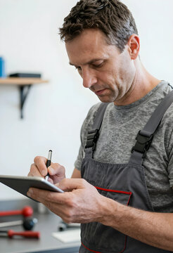 Male technician in gray overalls using a digital tablet with a stylus for work tasks and data entry, He is focused on data entry and task management