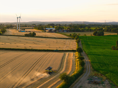 Aerial view of a combine harvester working in golden wheat fields during harvest season with wind turbines in the background in Enderby, England, United Kingdom.