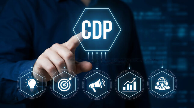 Hand pointing at cdp digital interface with icons