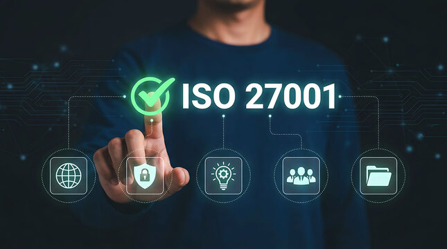 Hand tapping iso 27001 certification icon on digital interface