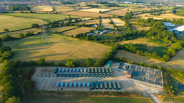 Aerial view of Enderby Substation National Grid and Battery Energy Storage Systems with rows of battery containers and electrical infrastructure in Leicester, England, United Kingdom.