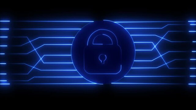Security lock animation with purple neon. Security lock digital circuit board. Security lock insecurity technology graphic on black background.