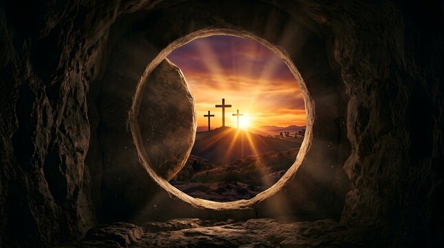 Sun rising behind three crosses viewed from inside a stone tomb at dawn