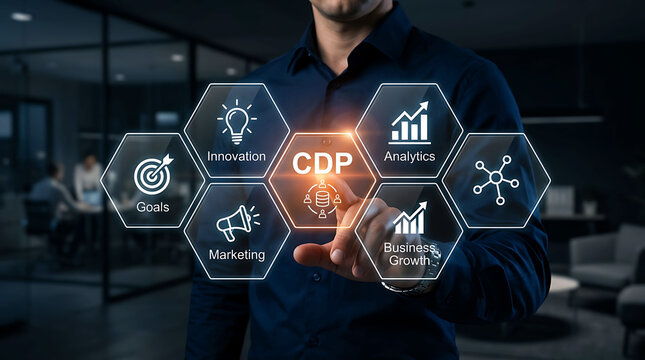 Cdp central hub with innovation, analytics, and growth icons