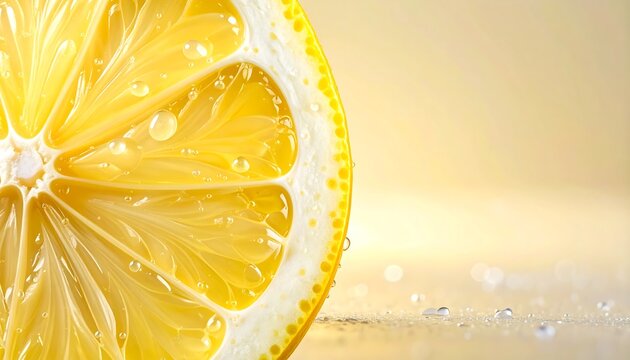 Macro photograph of a fresh yellow lemon slice half featuring glistening water droplets on its segmented pulp against a soft warm neutral background. Concept for organic food, natural vitamins, and re