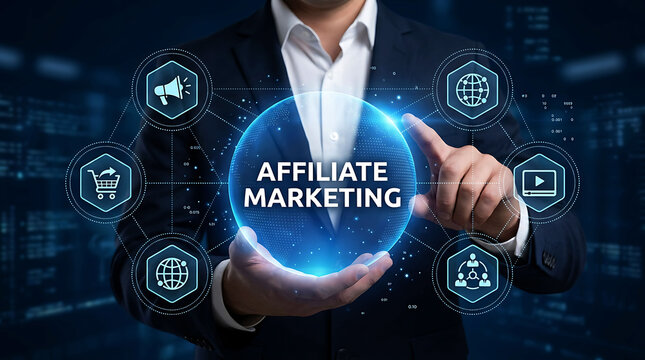 Person demonstrating affiliate marketing with futuristic icons