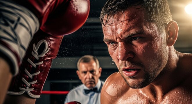 Intense close-up of a sweaty male boxer face looking determined with red boxing gloves in front and referee watching closely