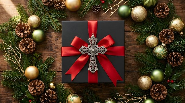 Black gift box with red ribbon and silver cross ornament on rustic wood