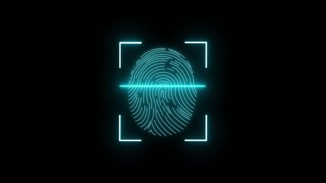 Glowing neon fingerprint scanning animation. fingerprint scanning neon sign video, fingerprint lock secure security , biometric icon set, with black background