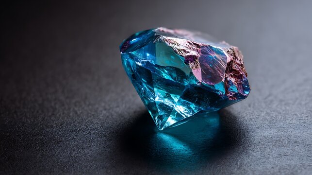 Raw blue diamond gemstone unpolished mineral with facets and inclusions isolated on dark textured background for luxury jewelry