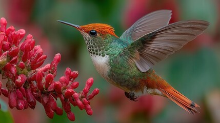 Obraz premium Rufous tailed hummingbird hovering midair, long beak probing red tubular blossoms, iridescent green orange plumage flashing as it feeds on nectar in a tropical garden setting