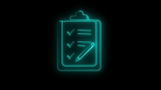 Animated neon checklist with pen marking items on glowing document. Ideal for digital planners, to-do lists, and explained video assets.