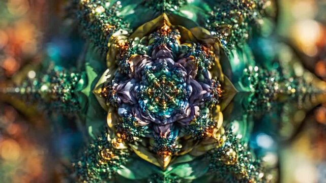 Abstract fractal animation of intricate geometric patterns in green and gold