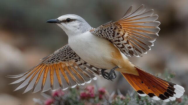 Elegant specialized bird. A white banded mockingbird. Taking flight with wings spread. Showcasing detailed brown and white plumage against a soft natural background