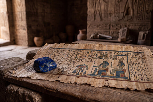 Ancient Egyptian Papyrus Manuscript with Hieroglyphics and Lapis Lazuli Stone on Wooden Table in Historic Temple
