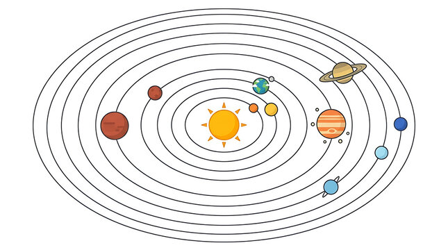 Detailed illustration of the solar system with planets orbiting the sun in a stylized elliptical path across a dark background
