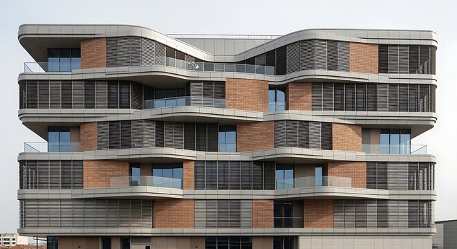 Modern residential apartment building with curved balconies and layered brick facade