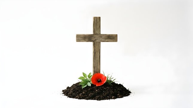 Wooden cross grave marker with red poppy flower in soil cemetery memorial