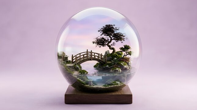 Glass terrarium globe with miniature japanese bridge and bonsai tree, terrarium