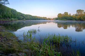 Obraz premium A serene river flows calmly at dawn, its smooth surface reflecting the lush green forest under a clear, soft sky