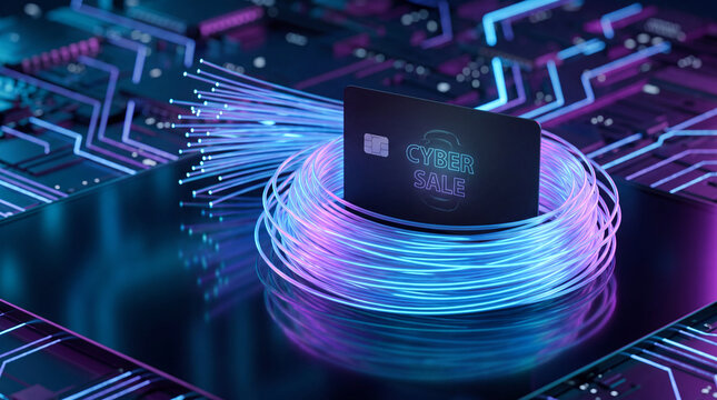 Cyber sale card wrapped in glowing fiber optic cables on a neon circuit board