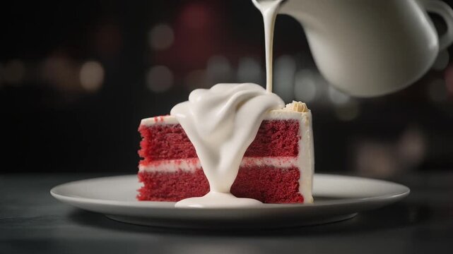  Cinematic slow motion video of a luxurious red velvet cake slice, silky cream sauce slowly poured from above, smooth cascading flow over the layers