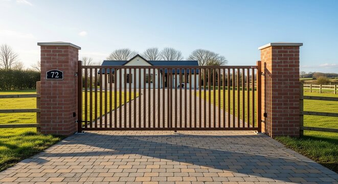 Long brown vertical slat sliding driveway gate leading to a modern residential country house with green lawn