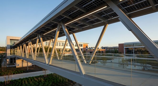 Modern pedestrian bridge featuring solar panel roof over outdoor office campus