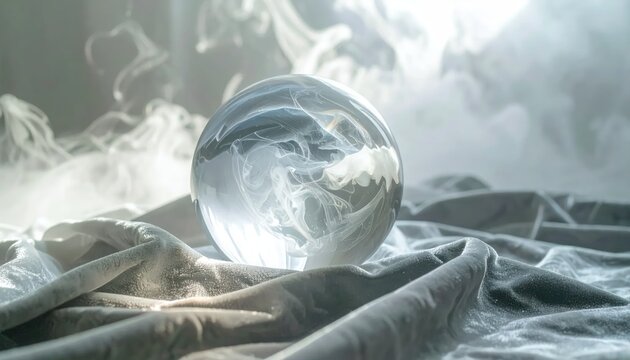 Detailed view of glass orb on grey silk with smoke