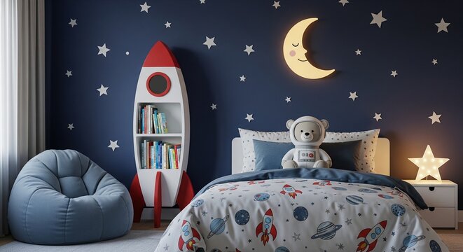 Space theme kids bedroom with rocket ship bookcase, star pattern wall, glowing crescent moon, and astronaut toy on bed.