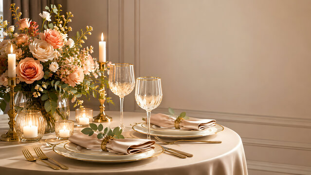 Elegant dining table setup with floral arrangement and candles  