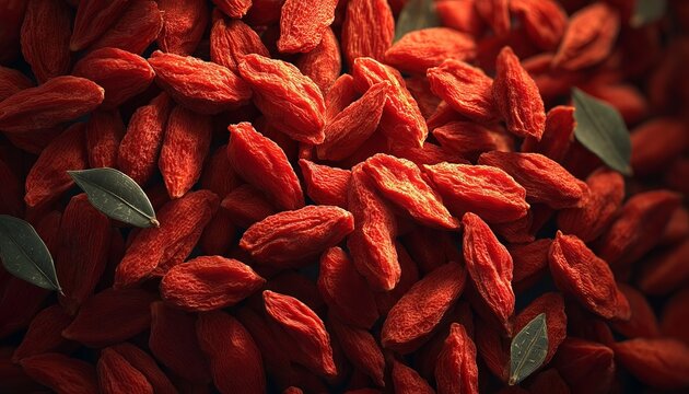 A Close Up Top View Full Frame Texture of Many Scattered Healthy Raw Organic Dried Goji Berries