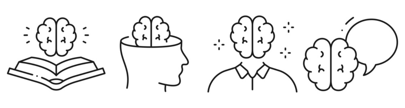 Brain icons showing learning thinking and communication in panel. Editable stroke