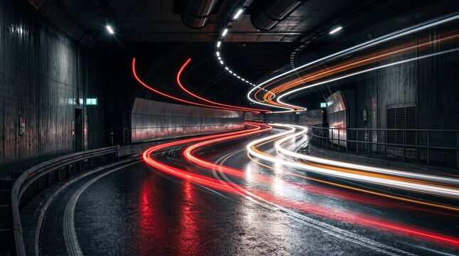 Vehicle Light Trails Speeding Through Dark Concrete Underpass at Night