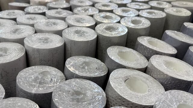 Close-up wallpaper rolls glitter texture, stacked vertically in store showroom, silver metallic finishes catching light, detailed