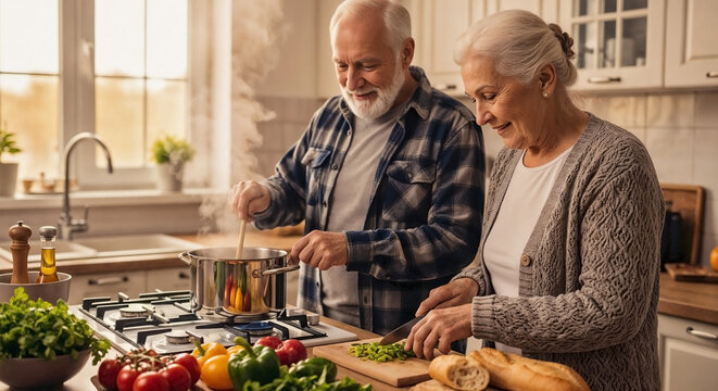 Elderly couple cooking healthy meal in bright modern kitchen, preparing fresh ingredients. Active elderly couple cooking, man stirring pot on stove, woman chopping vegetables.
